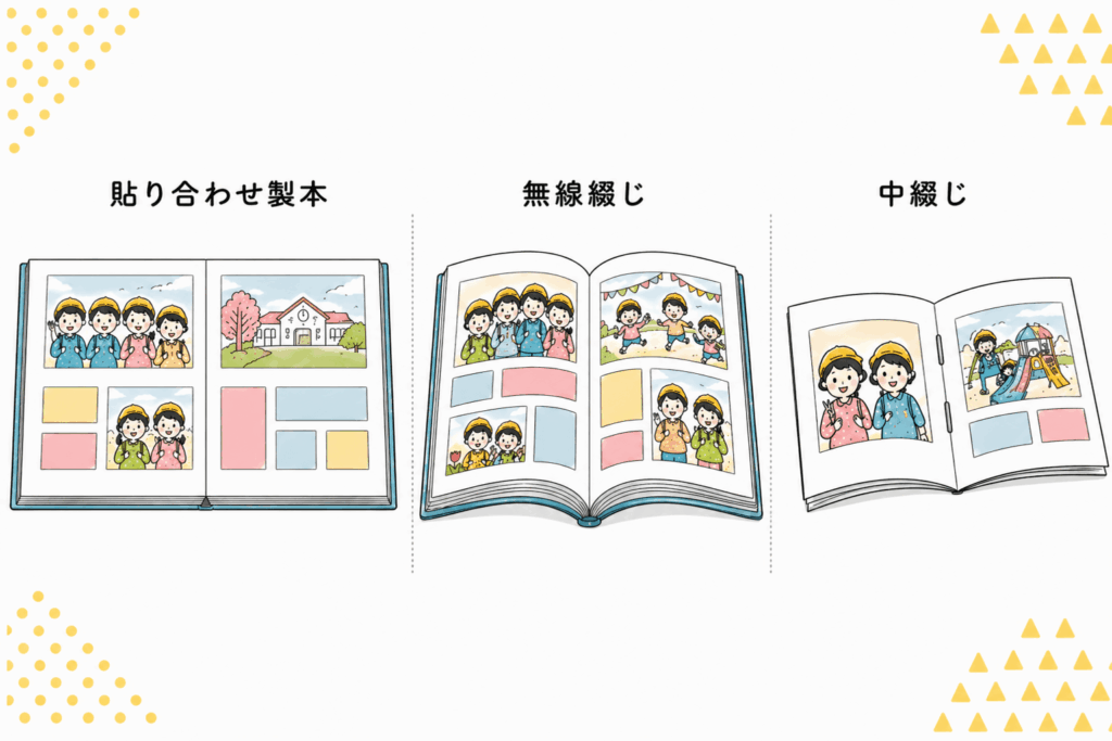 卒園アルバムの上製本・無線綴じ・中綴じ・貼り合わせを比較